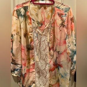 Chicos size 3, watercolor, print with lace detail down the front
